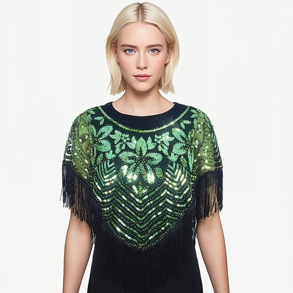 Women's Black Green 1920s Shawl Sequin Beaded Art Evening Cape Tassel Shawls - Picture 2 of 6